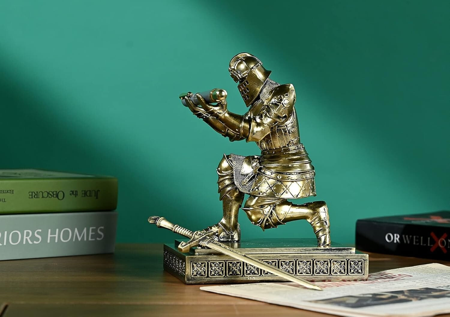 Elegant Knight Pen Holder & Sword Letter Opener – Bronze Desk Organizer