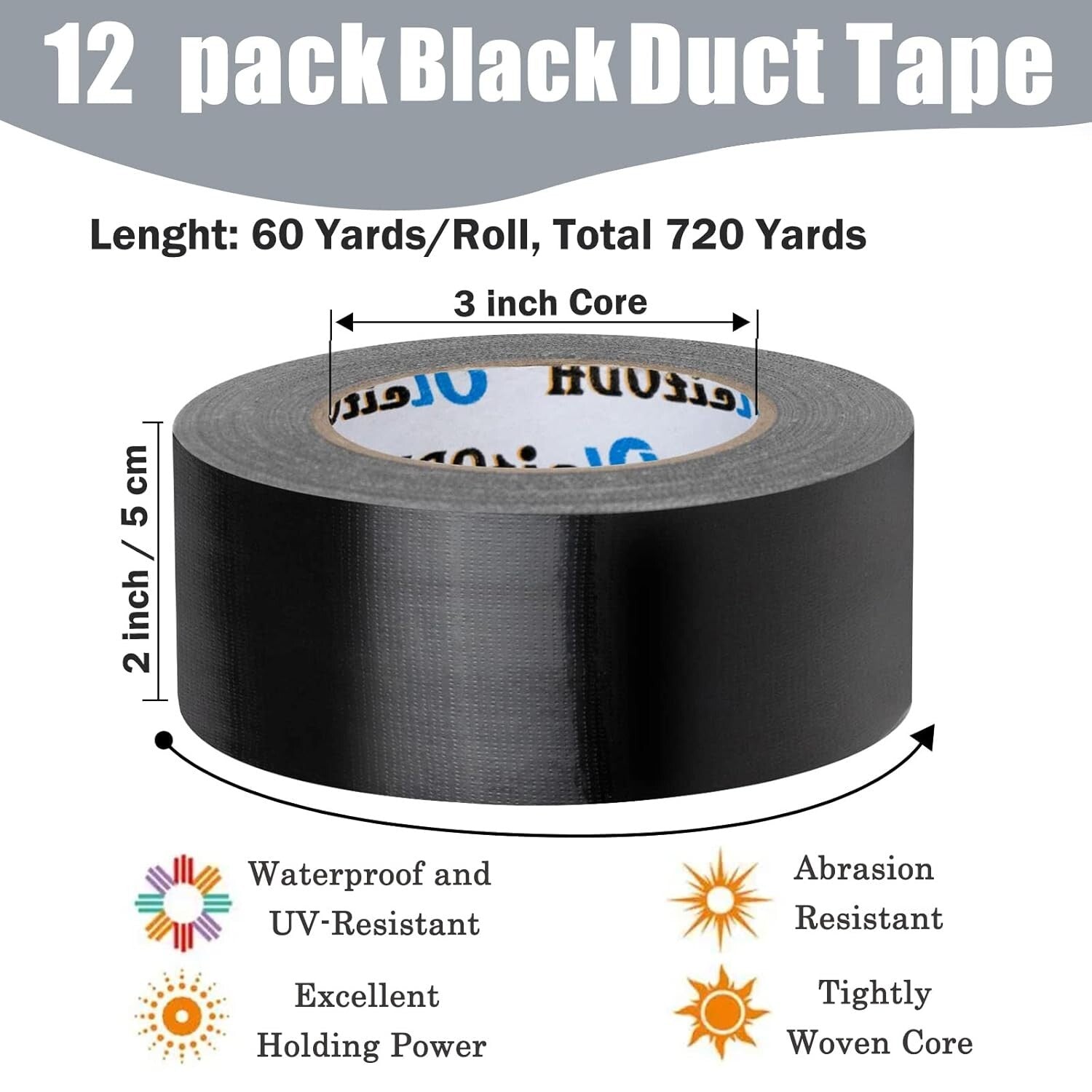All-Weather 2 Inch Black Duct Tape Bulk - 12 Rolls, Strong Adhesive for Repairs