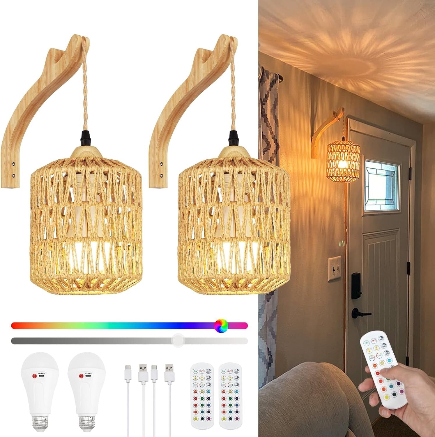 Frideko Boho Rechargeable Wall Sconces Set of 2 with Remote – RGB Dimmable Light
