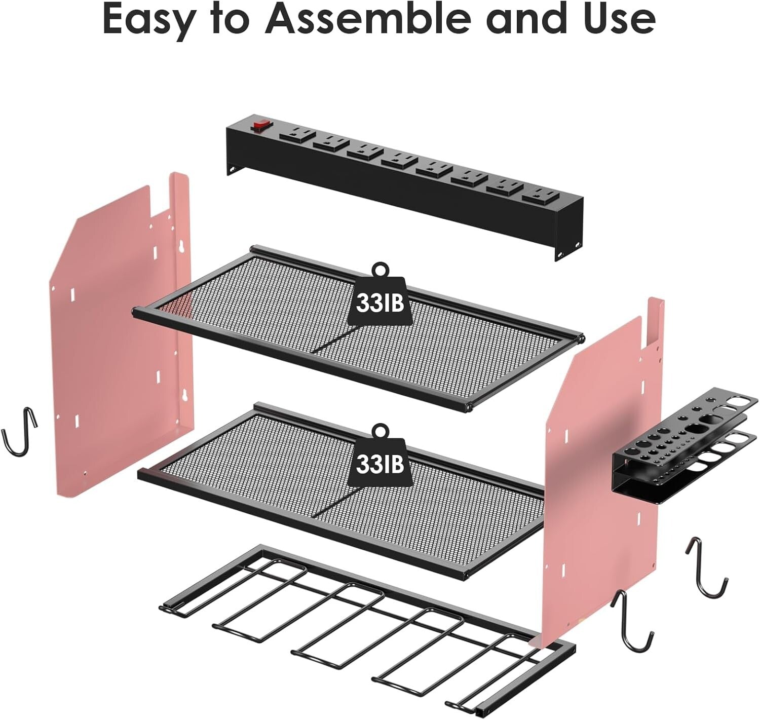 Heavy-Duty Power Tool Storage Shelf with Hooks and Built-in Charging Station