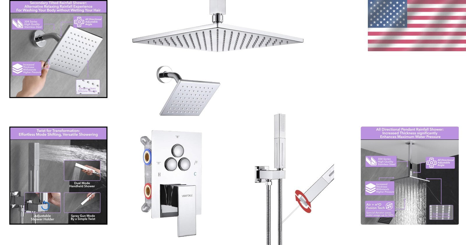 Luxurious Chrome Shower Faucet Set with Push Button Diverter & Dual Shower Heads