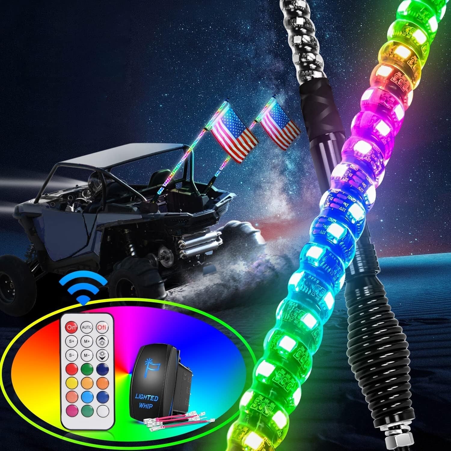 RGB 5FT Spiral LED Whip Light with RF Remote - Universal Fit for ATVs and UTVs