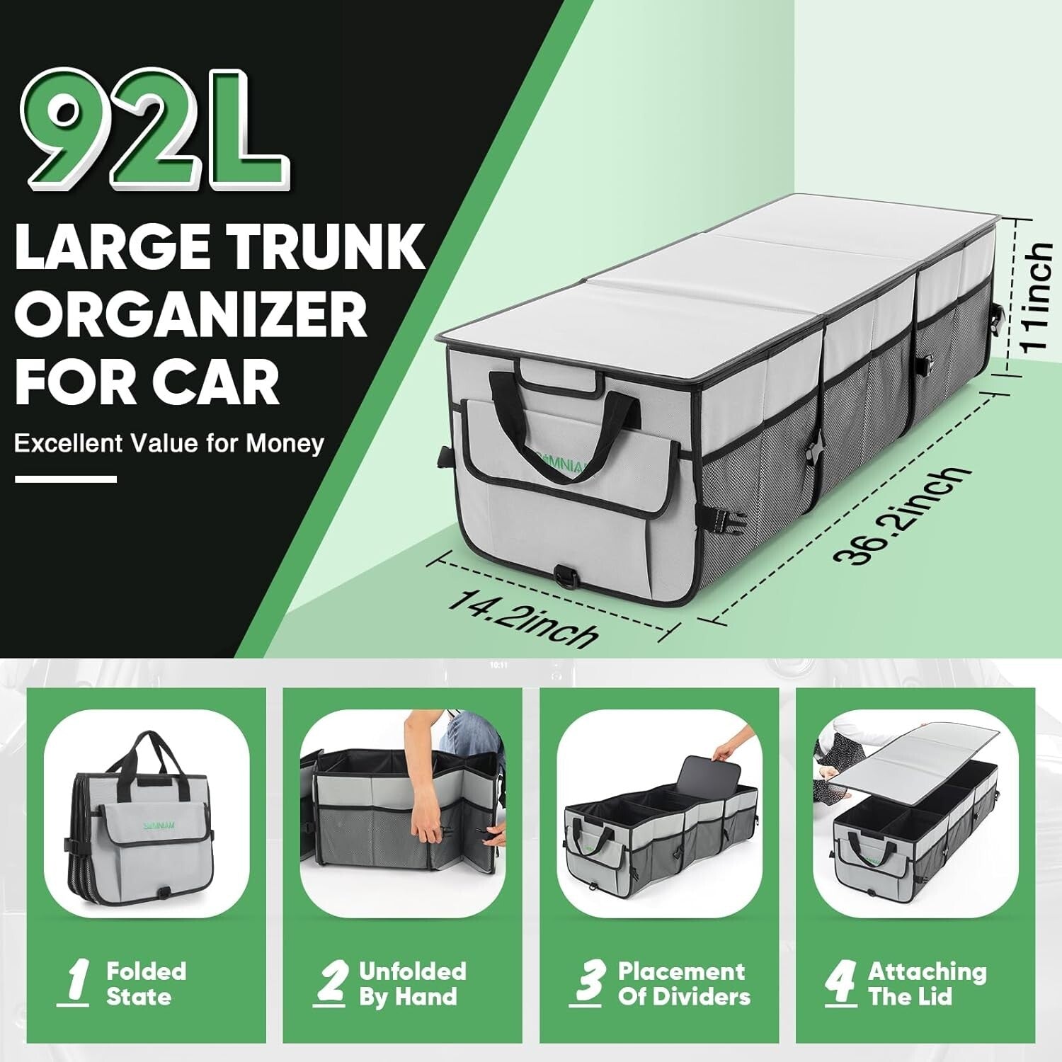 Heavy-Duty Collapsible Car Trunk Organizer with 4 Compartments & Insulated Bag