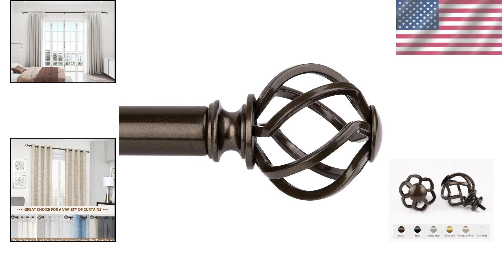 Artistic Bronze Curtain Rods with Twisted Finials - Adjustable 72 to 144 Inches