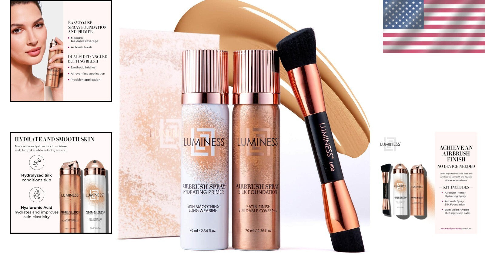 Airbrush Spray Silk Foundation Kit - Medium, Hydrating Primer & Brush Included
