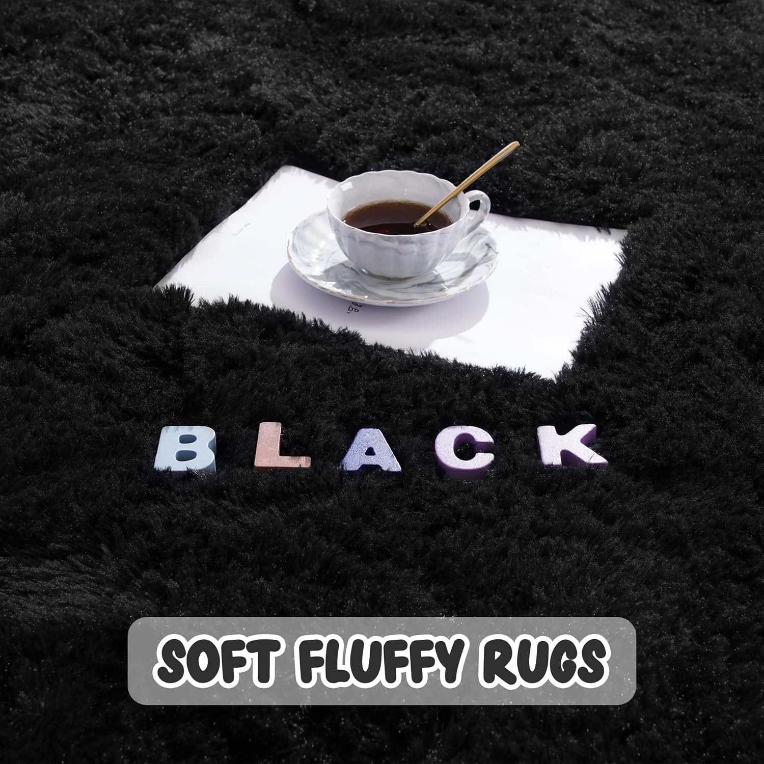 Fluffy Black 6x9 Area Rug - Soft Shaggy Carpet for Modern Living Rooms