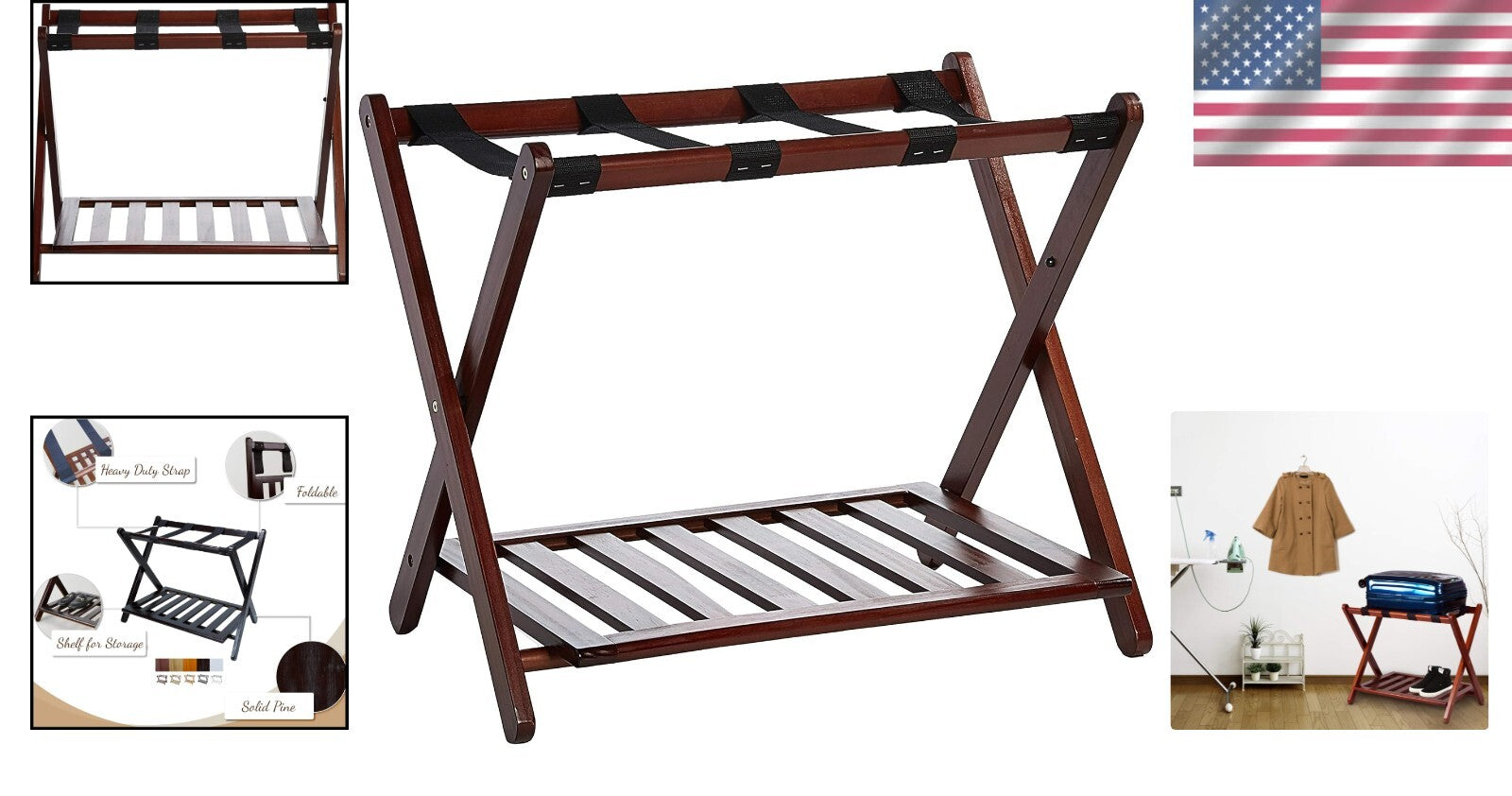 Elegant Walnut Luggage Rack - Sturdy Solid Wood with Convenient Double Levels