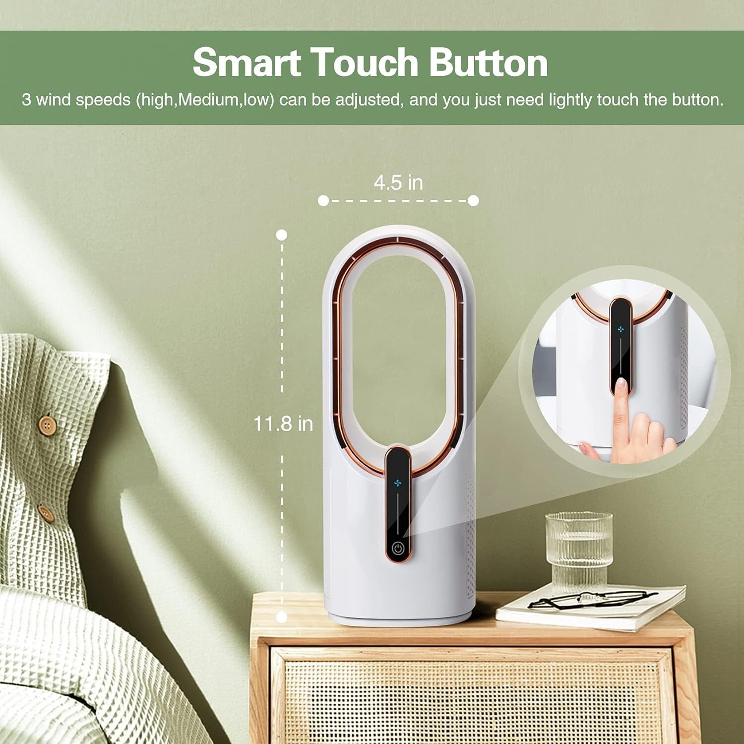 11.8 Inch Sleek Bladeless Portable Fan with Touch Control & 3 Speed Settings