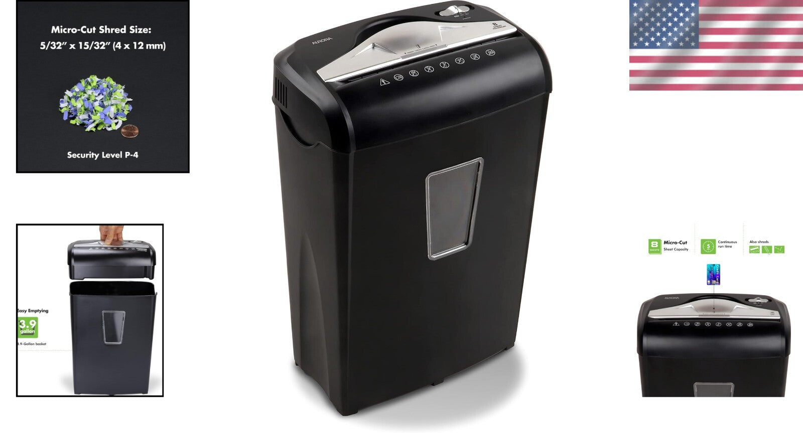 Thermal-Protected Micro-Cut Shredder for Office Use - 8 Sheets Capacity, Black