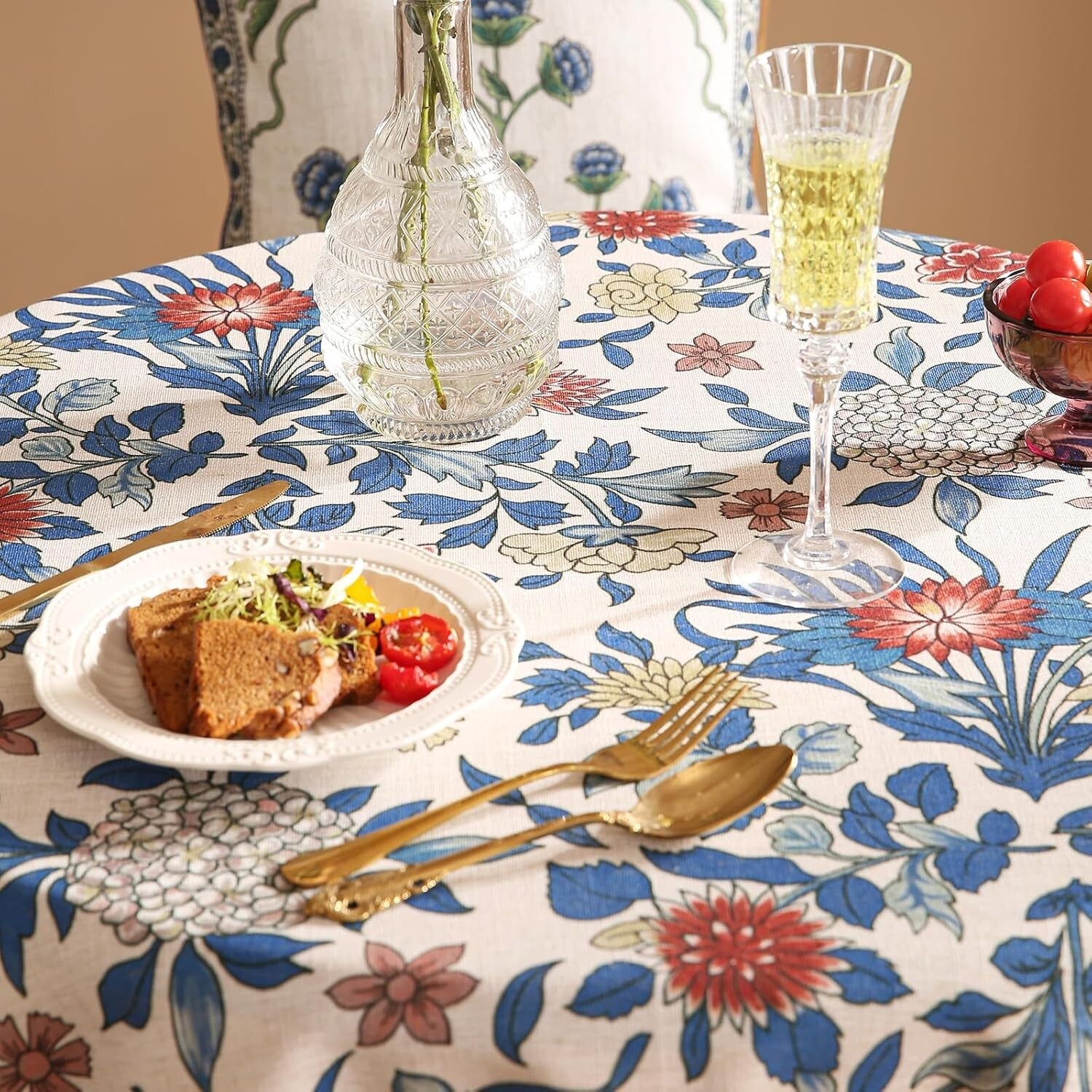 Designer Round Tablecloth with Leaves and Flowers Pattern - 55" All-Season Use