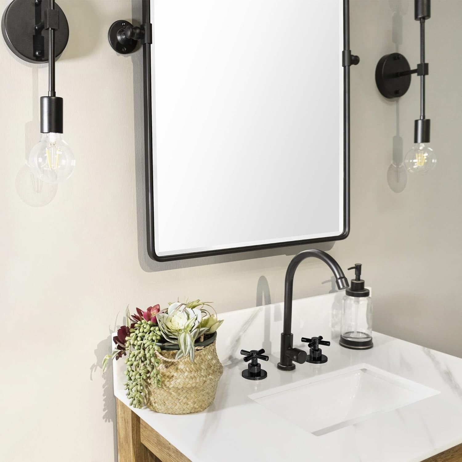Beveled Rectangular Black Metal Framed Bathroom Mirror - 30x20" Tilting Design