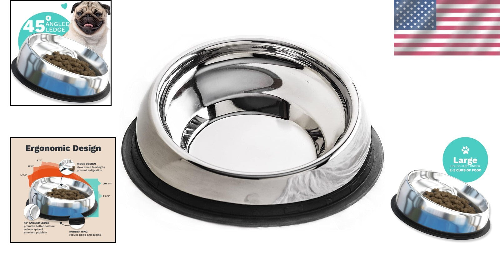 Large Slanted Pet Bowl with Raised Ridge - Stainless Steel and No Spill Design