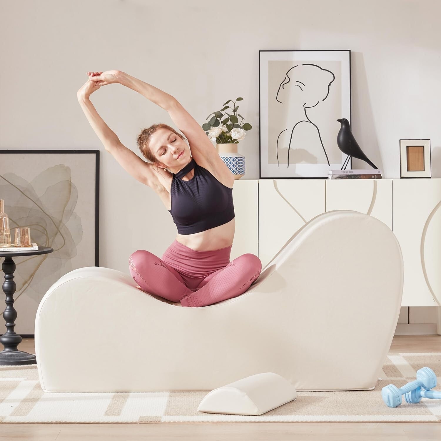 Versatile S-Shaped Chaise Lounge Chair for Relaxation & Yoga - Easy Clean Beige