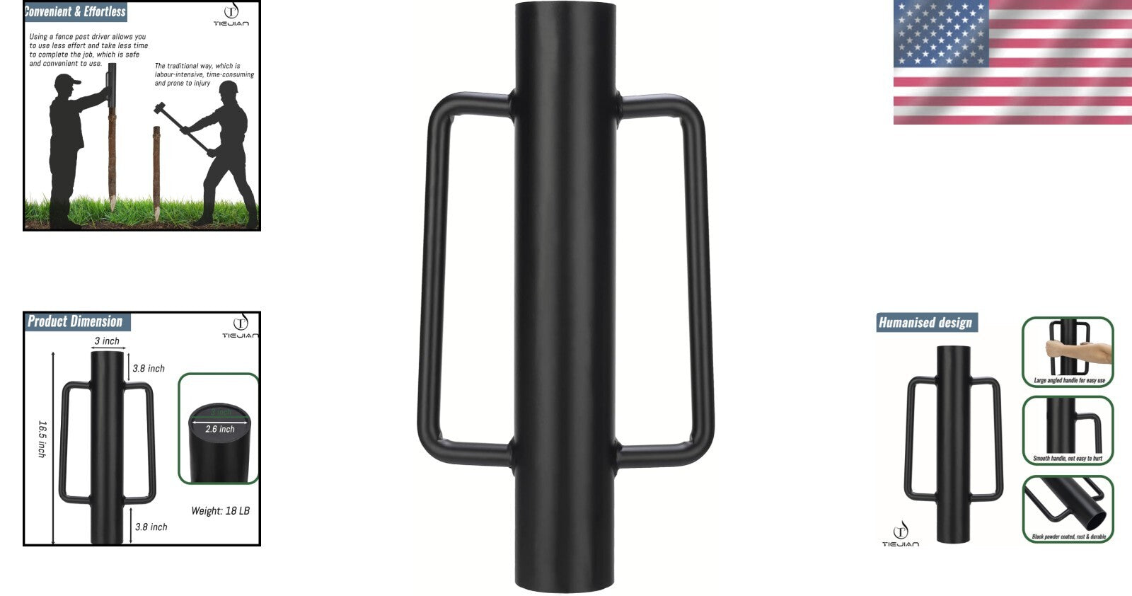 18 LB Heavy Duty Steel Fence Post Driver with Ergonomic Handle - Durable Black