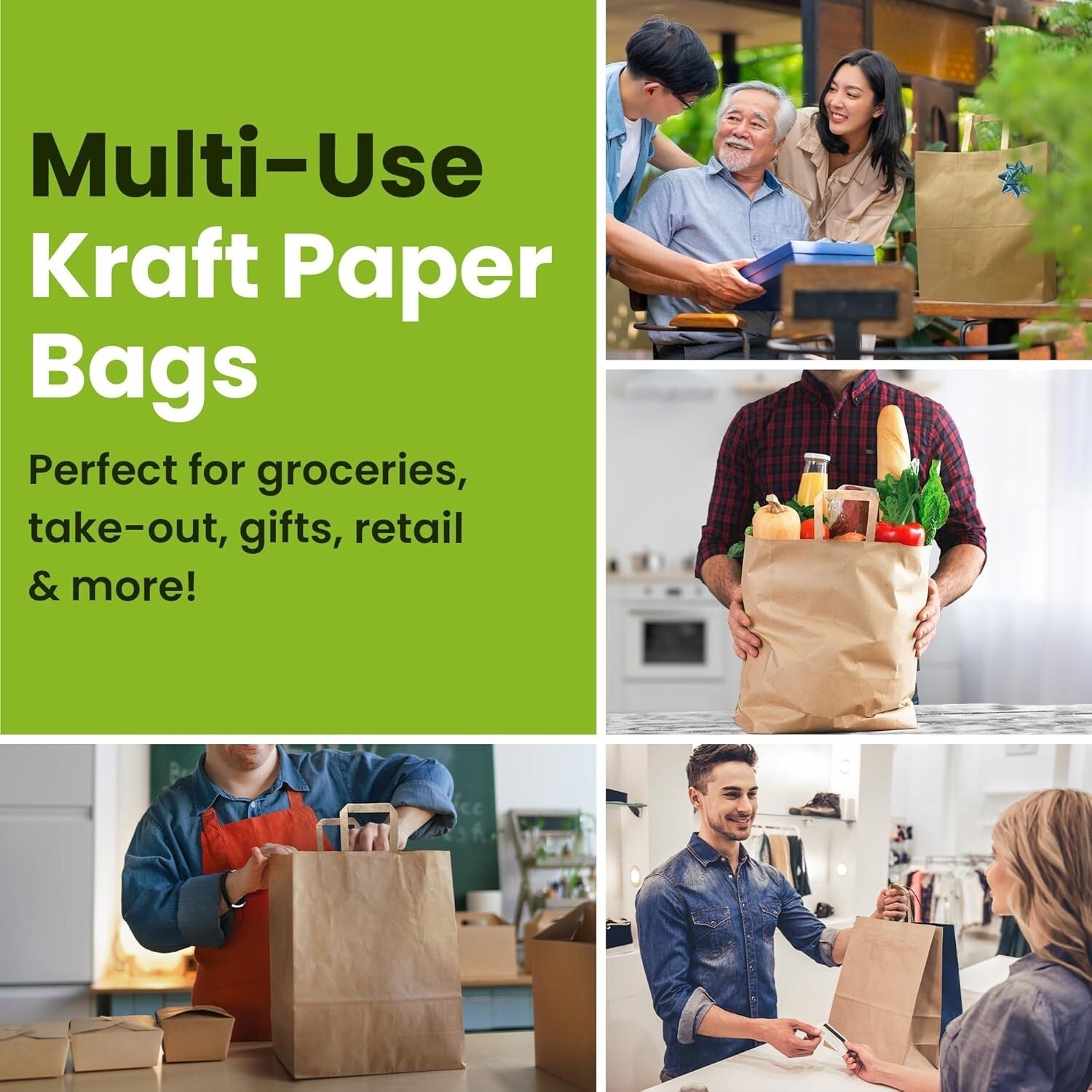 Heavy Duty 100 Pack Paper Grocery Bags - Convenient Handles & Self-Seal Closure