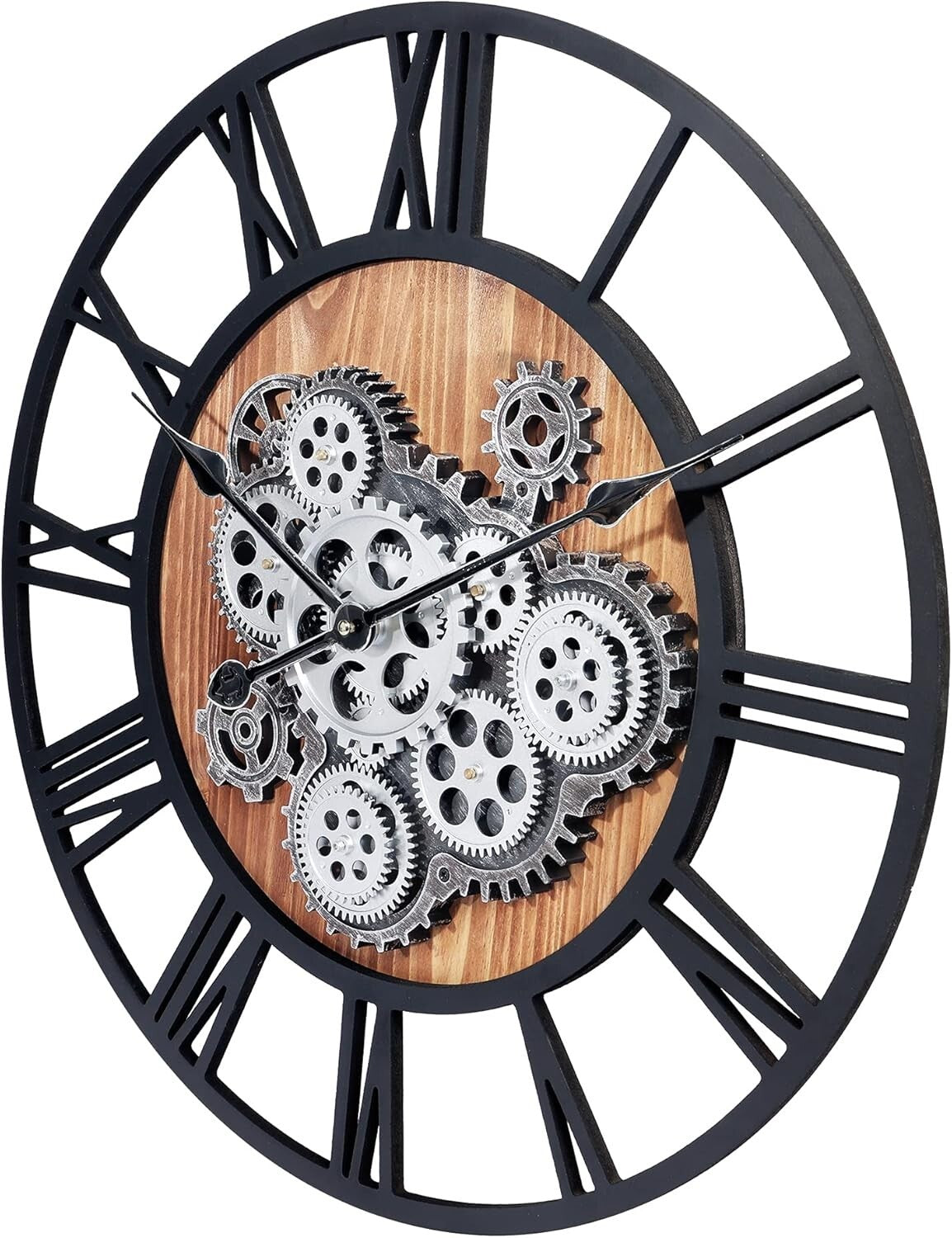 Rustic 23-Inch Wall Clock with Real Gears and Roman Numerals for Kitchen