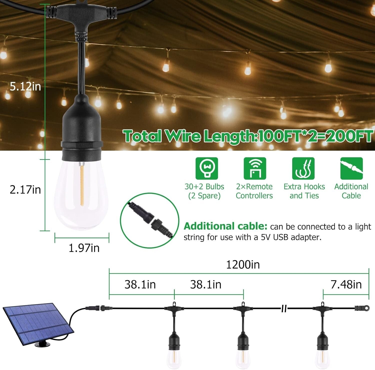 Warm White Outdoor Solar String Lights - 30 Shatterproof Sockets, 5 Modes