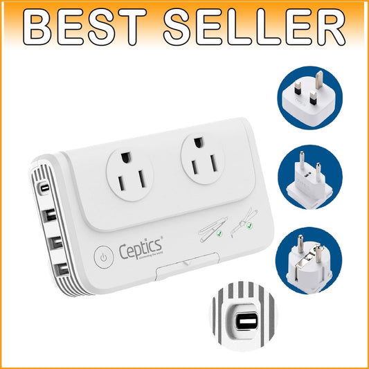 European Travel Adapter - 200W Voltage Converter with Type C, E/F & 4 USB Port