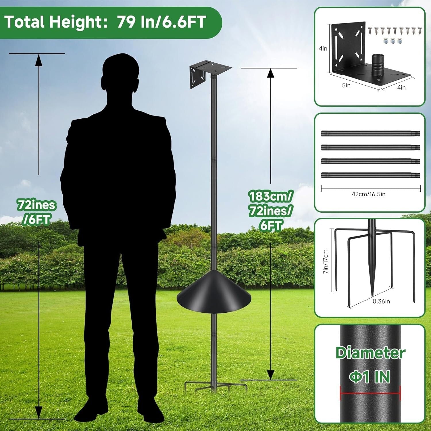 79-Inch Adjustable Height Metal Bird Feeder Pole - Squirrel Proof & Heavy-Duty