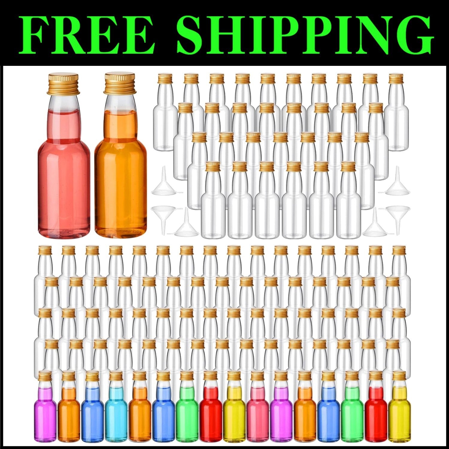 Reusable Miniature Alcohol Bottles with Funnels - 120 Pcs Gold Celebration Set