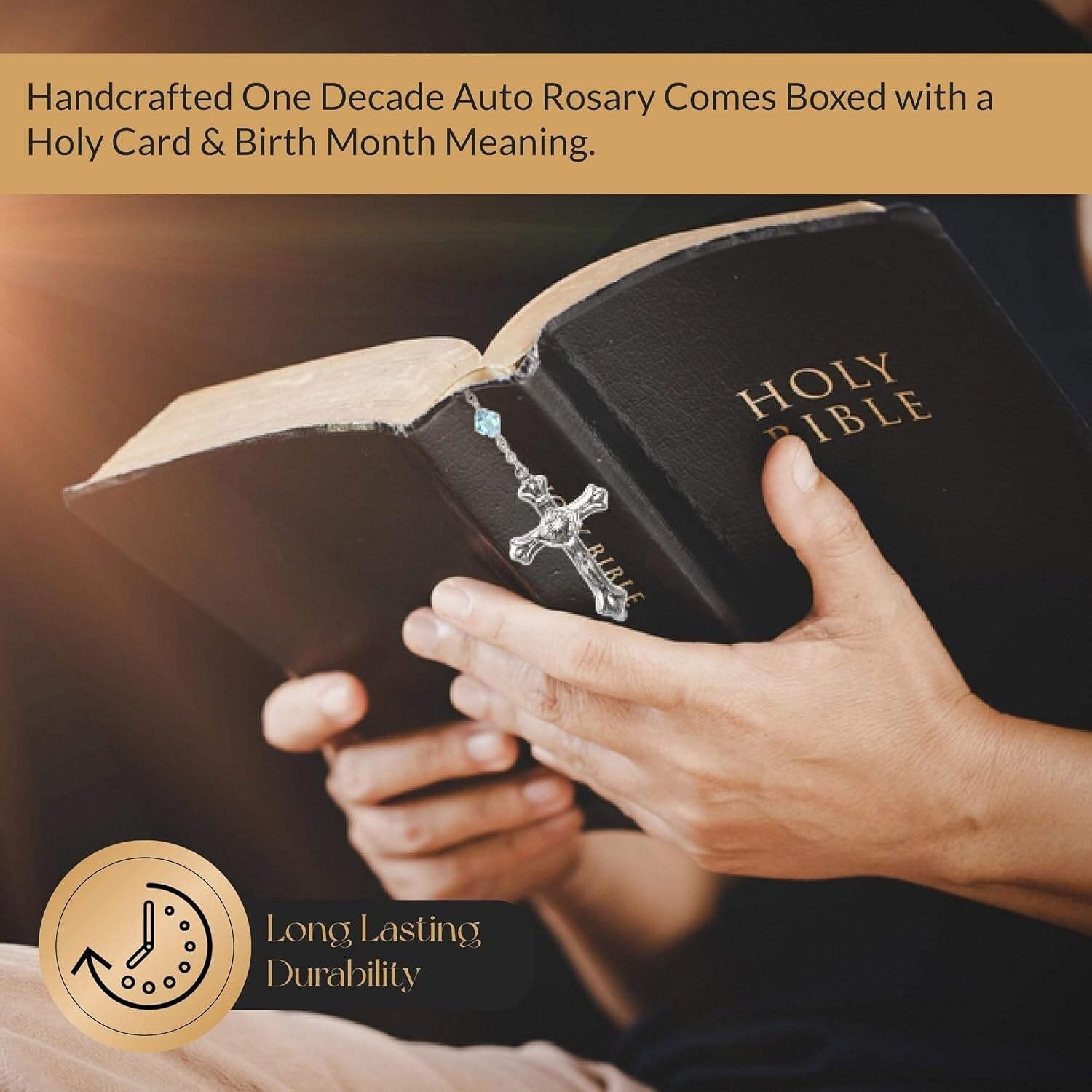 Austrian Crystal Aquamarine Auto Clasp Rosary with Holy Card - March Birthstone