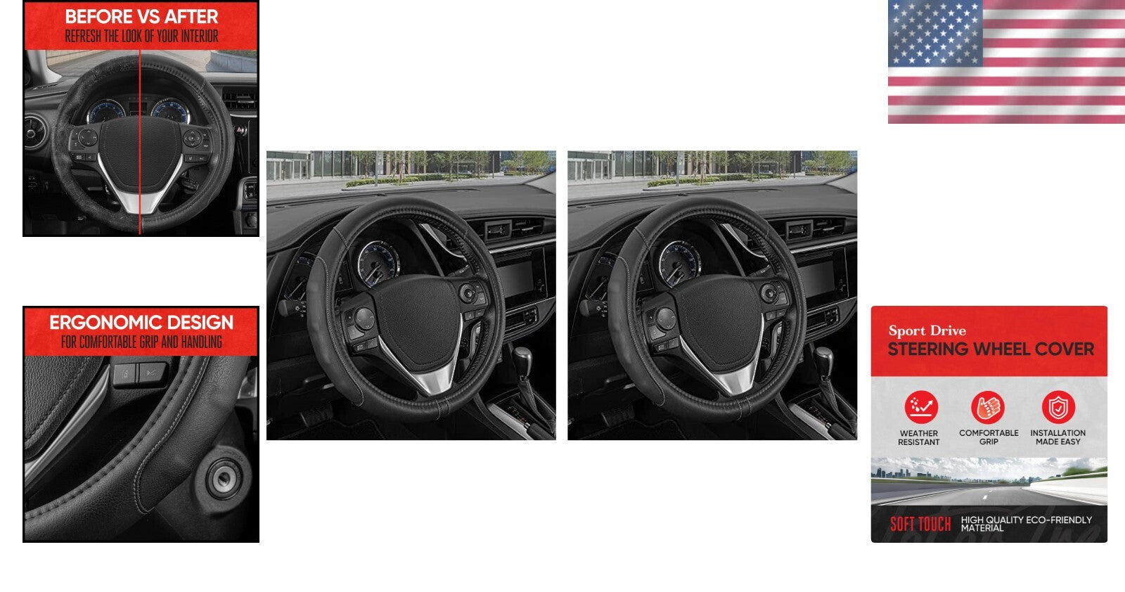 Durable 14-Inch Black Leather Steering Wheel Cover with Stylish Gray Stitching