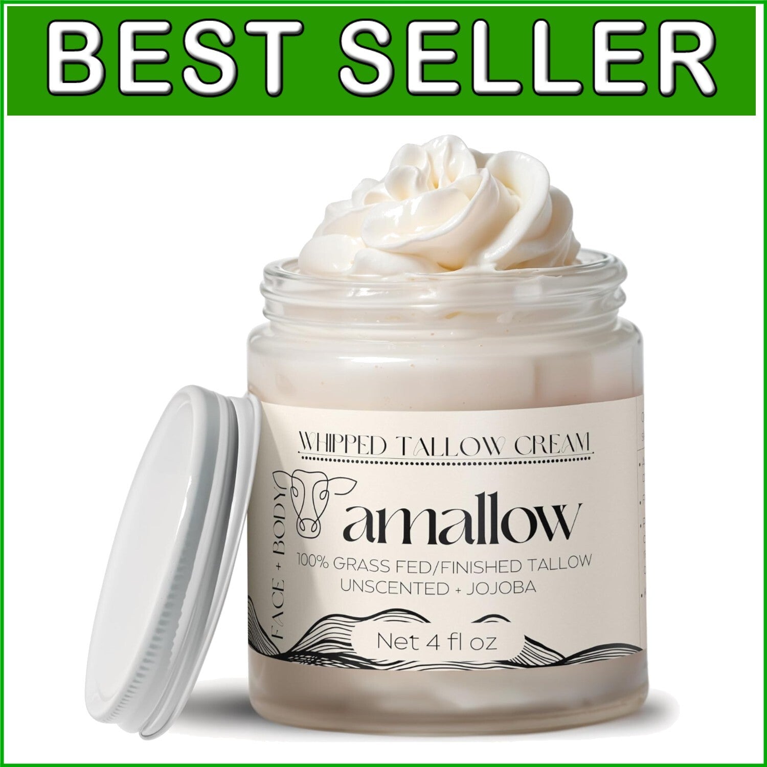 100% Grass-Fed Beef Tallow Moisturizer - Nourishing Skin Lotion, 4 FL. oz.