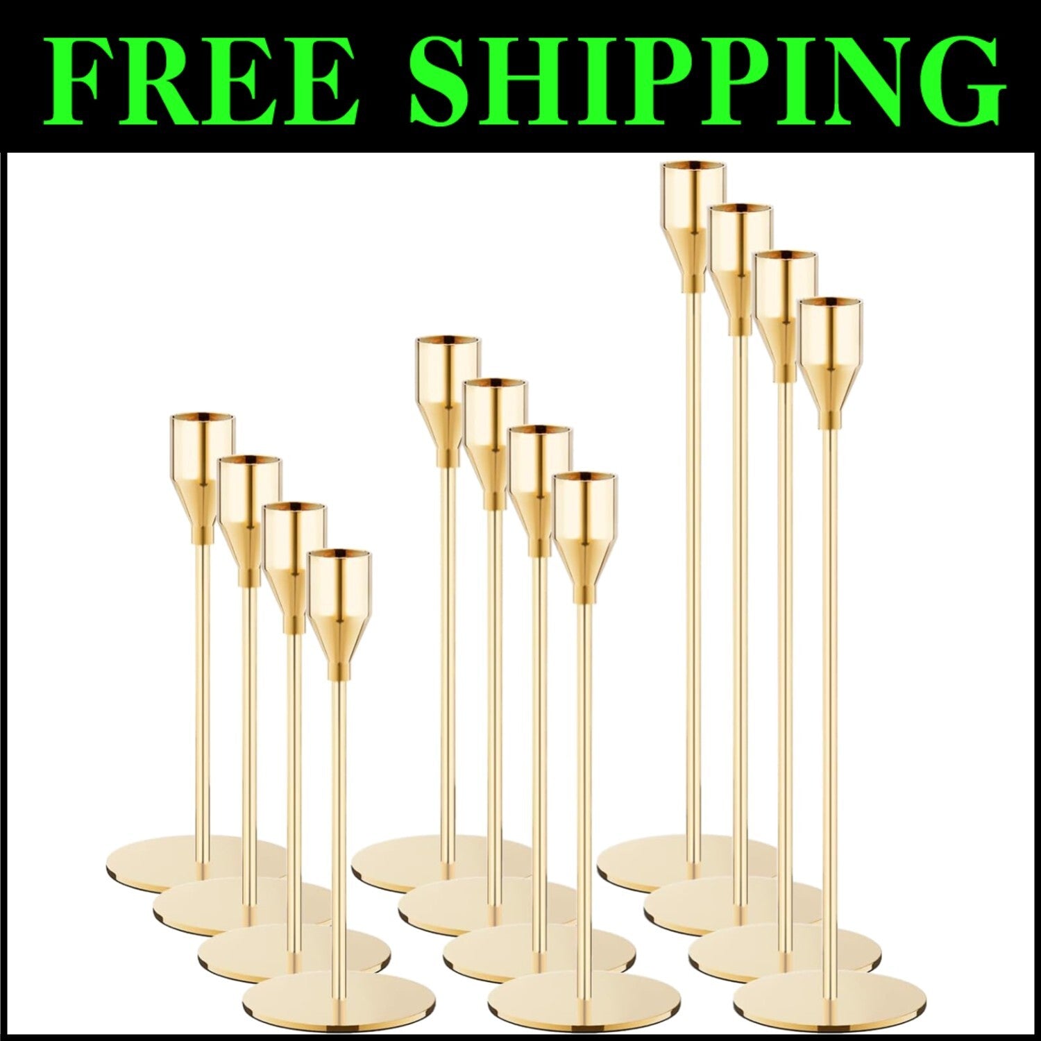 Multi-Height French Gold Candle Holders Set of 12 - Ideal for Home and Events