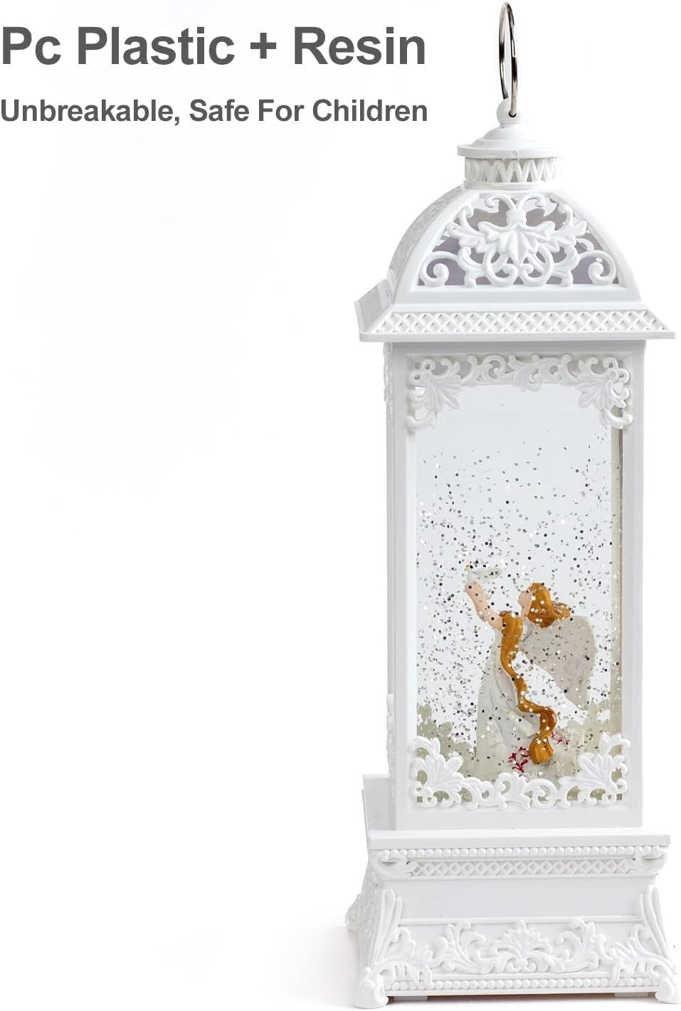 12” White Angel Lantern with Glitter & Music - USB/Battery Operated Night Light