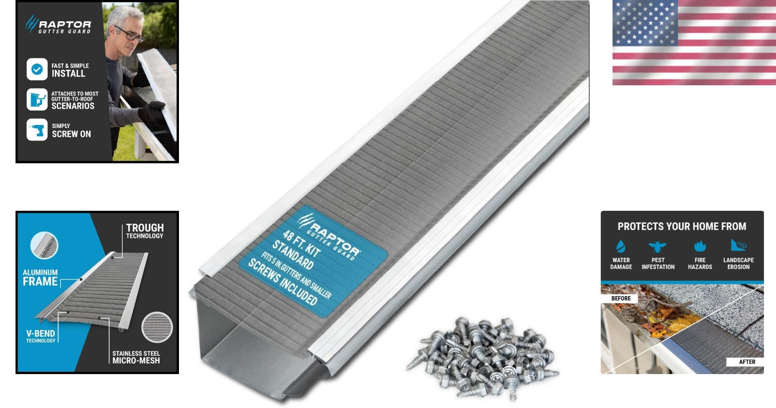 Durable 48 ft Gutter Guard Kit with Screws - Fits 5 in. Gutters, Easy Install