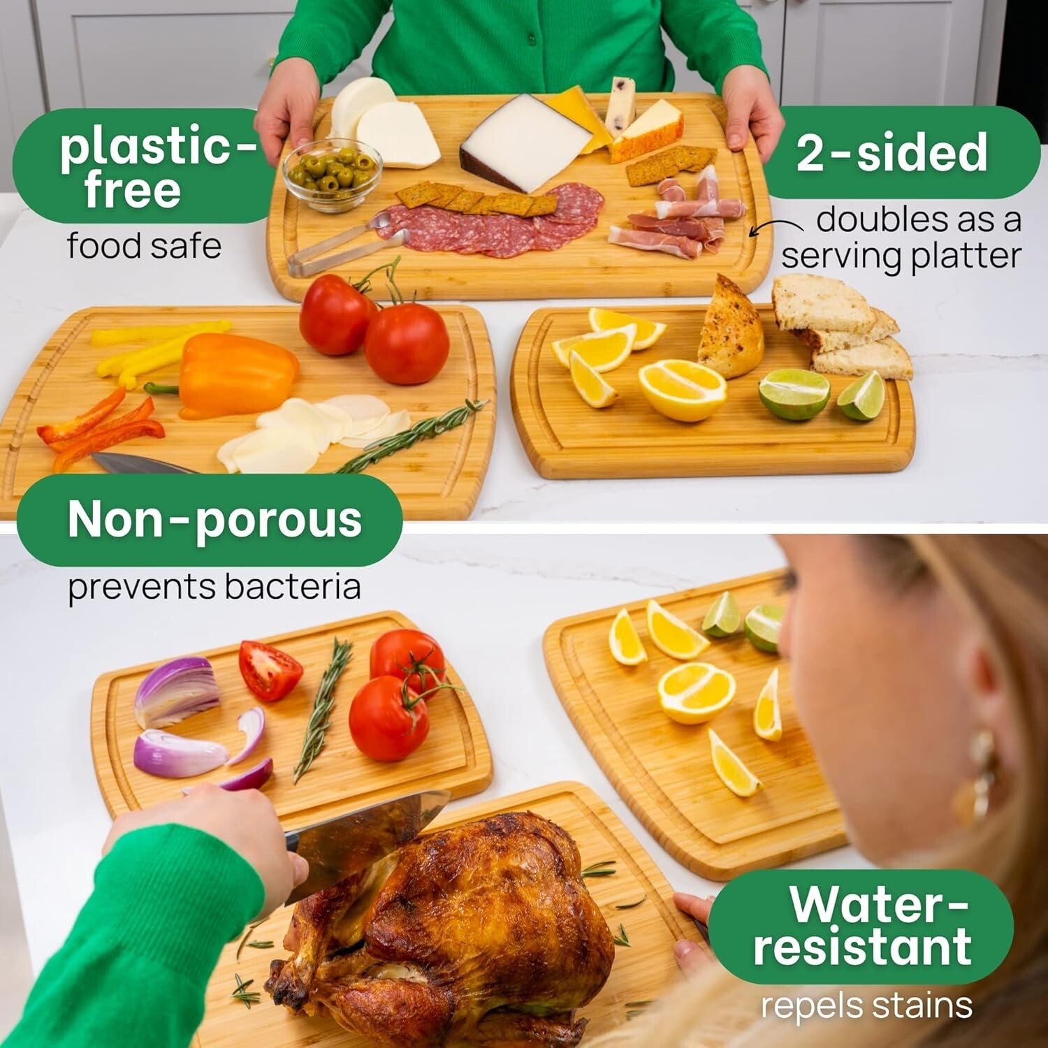 Premium Bamboo Cutting Board Set - 62% More Cutting Area & Lifetime Replacements