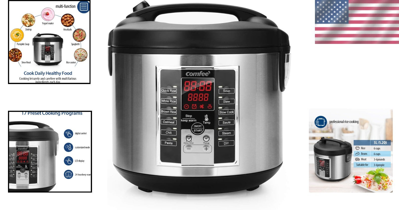 12 Digital Cooking Programs Multi Cooker - 5.2Qt Family Size Steamer & Rice Pot
