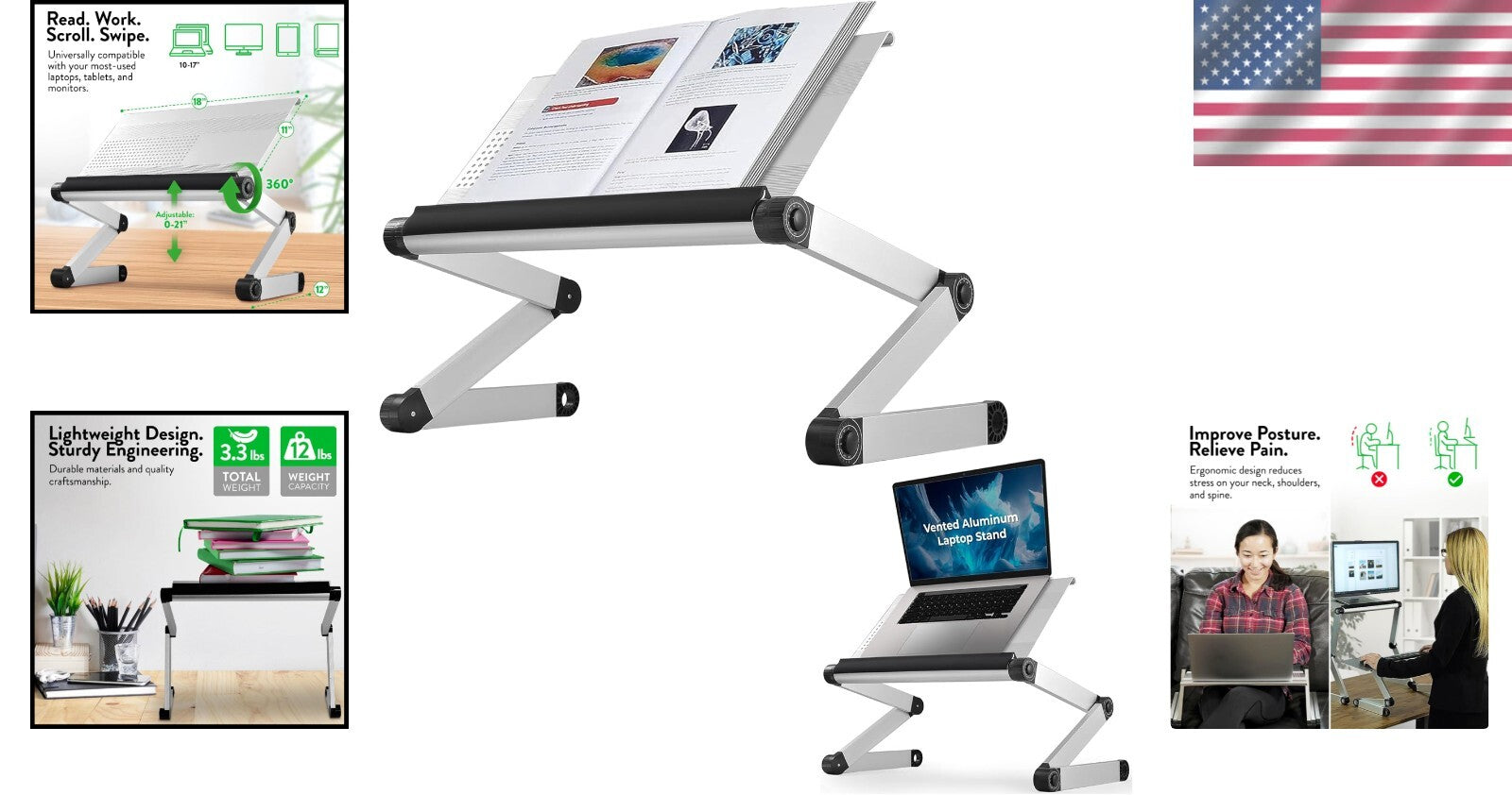 Aluminum Adjustable Book Stand - Lightweight Cookbook Holder for Kitchen Counter