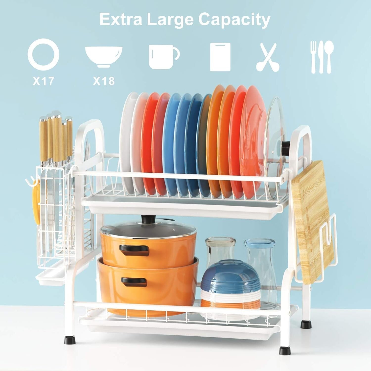 Durable Stainless Steel Dish Drying Rack - 2 Tiers with Utensil & Knife Storage