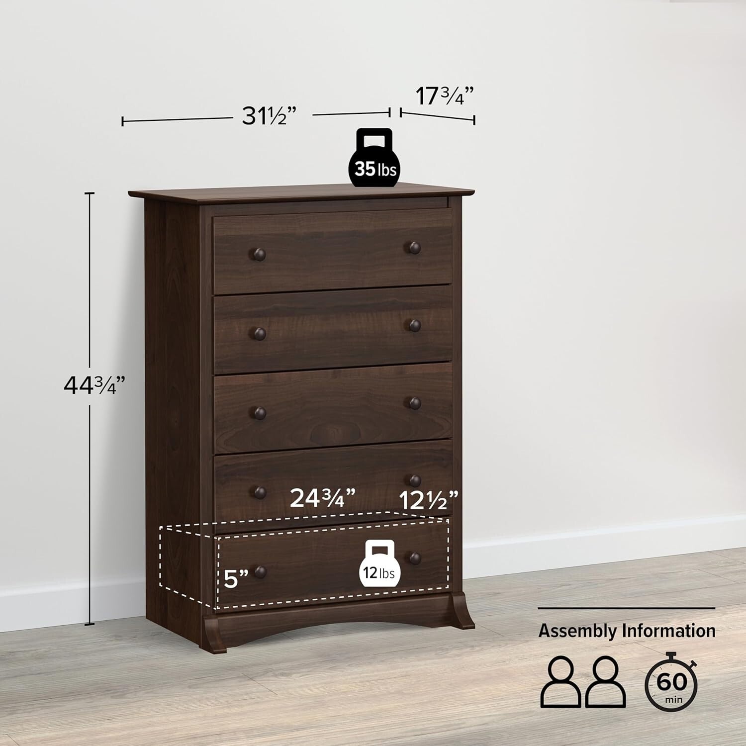 Elegant 5-Drawer Chest in Espresso - Durable & Versatile Furniture for Any Room