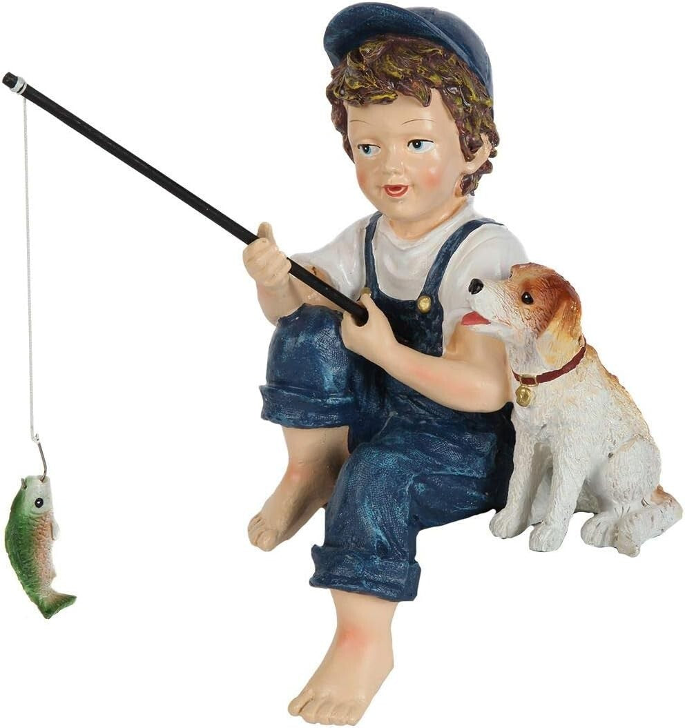 Endearing 10-Inch Fishing Boy & Dog Resin Statue for Enhanced Garden Charm