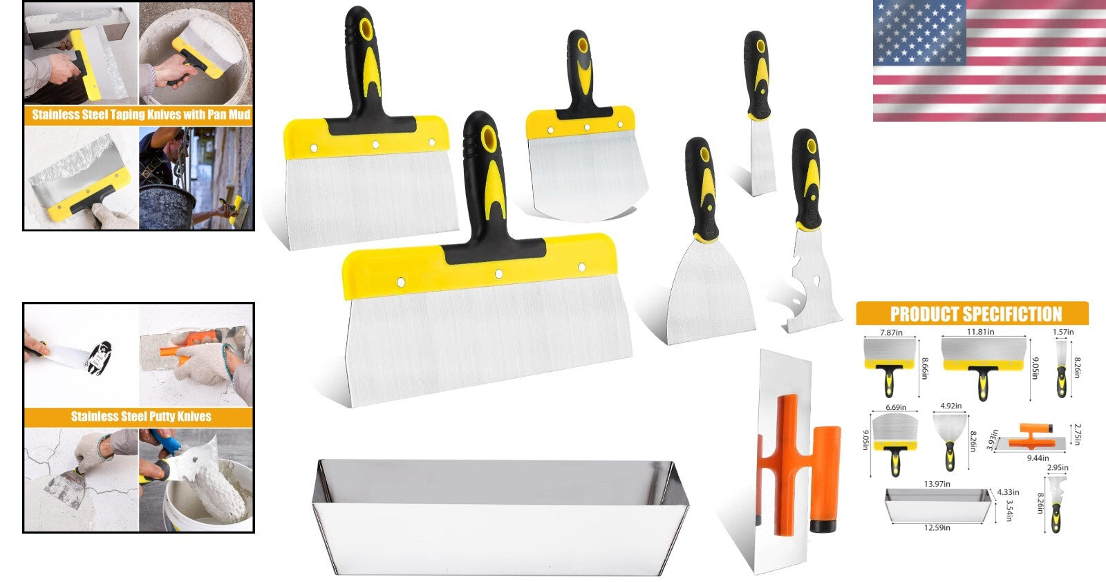 8-Piece Stainless Steel Drywall Knife Set with Ergonomic Handles for Optimal ...