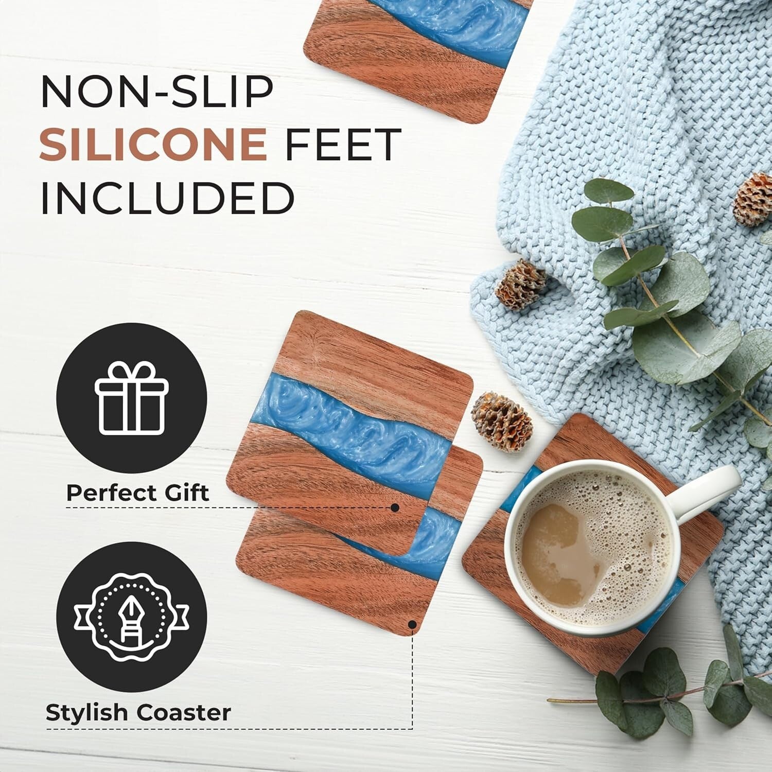 Eco-Friendly Wooden Drink Coasters with Optional Non-Slip Feet - Gift-Ready