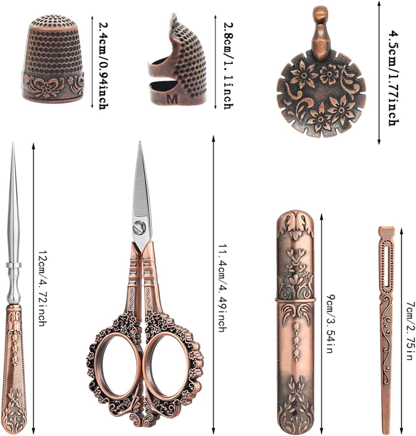 European Style Sewing Tools Set - Antique Scissors & Accessories in Wood Box