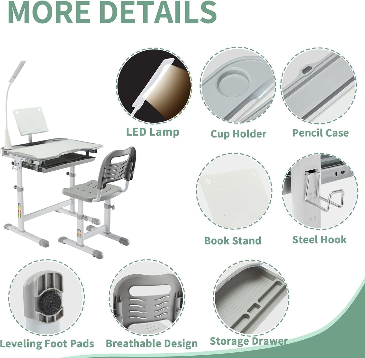 Durable Kids Desk and Chair Set with Adjustable Height and LED Lamp for Learning