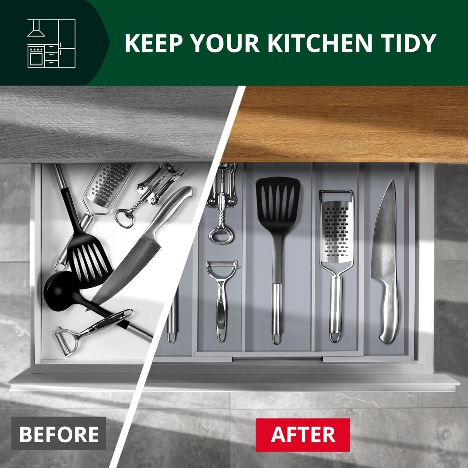 Elegant Bamboo Kitchen Drawer Organizer - Adjustable Silverware and Utensil Tray