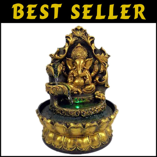 Vintage-Style Ganesha Water Fountain with Lotus and Rolling Ball - Home Accent