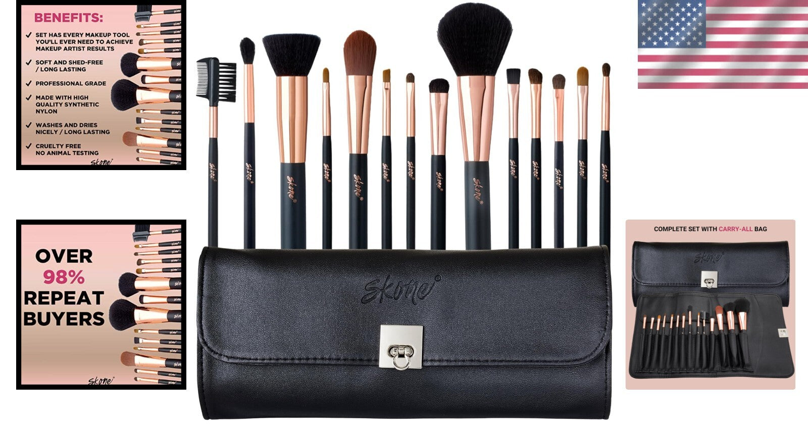Cruelty-Free Luxury Makeup Brush Set - 14 Essential Brushes for Professional Use