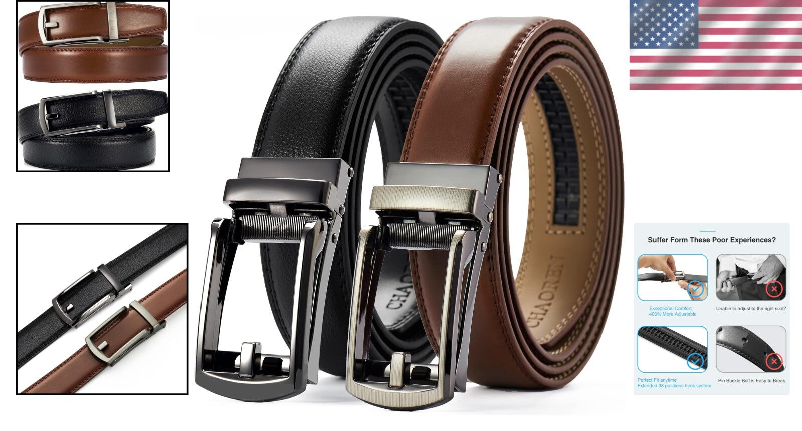 Men's Luxury Leather Ratchet Belt Pack of Two - Adjustable & Scratch Resistant