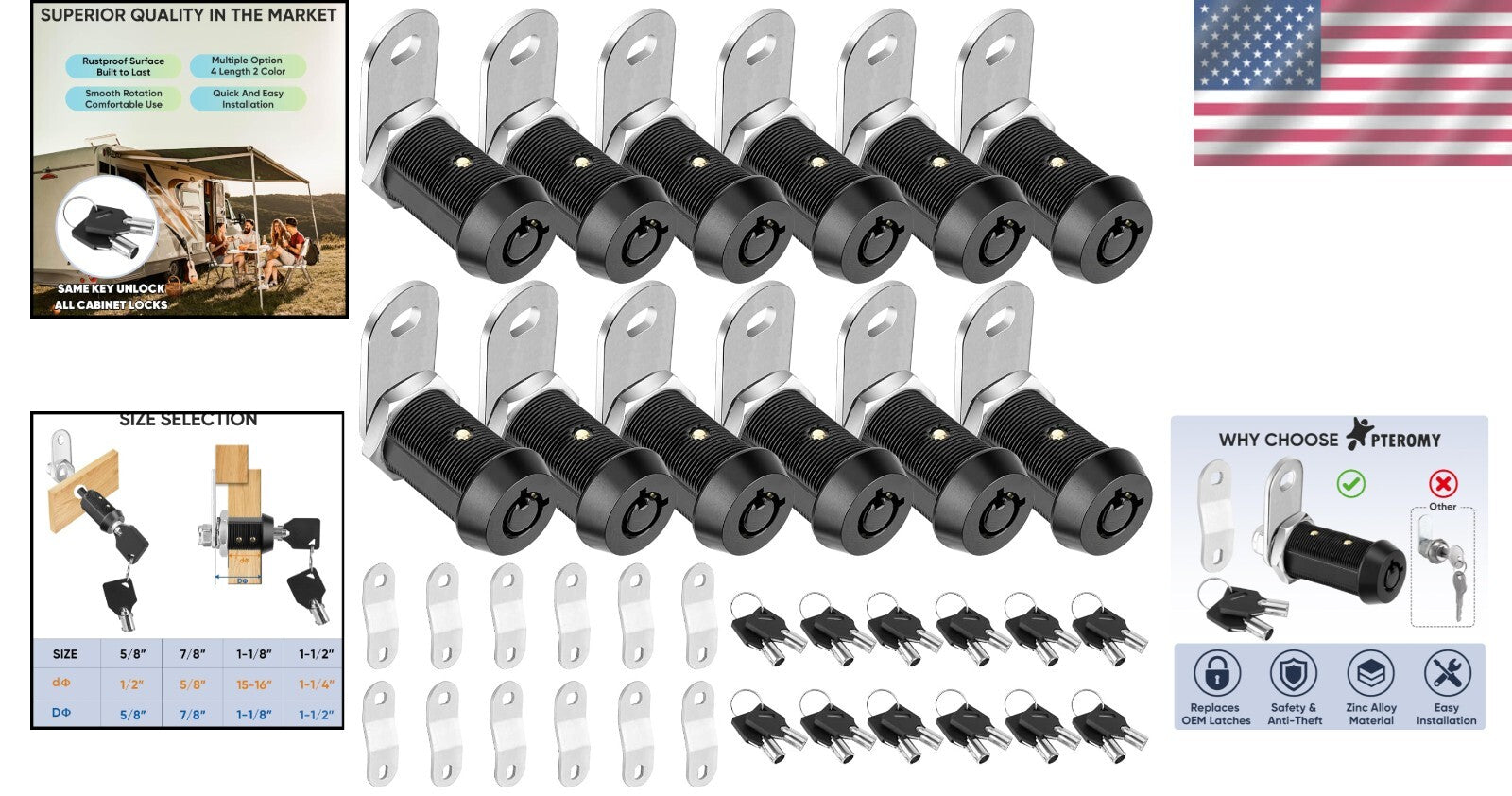 Durable 12 Pack Metal Cabinet Locks - Heavy-Duty Cam Locks with Gift Packaging
