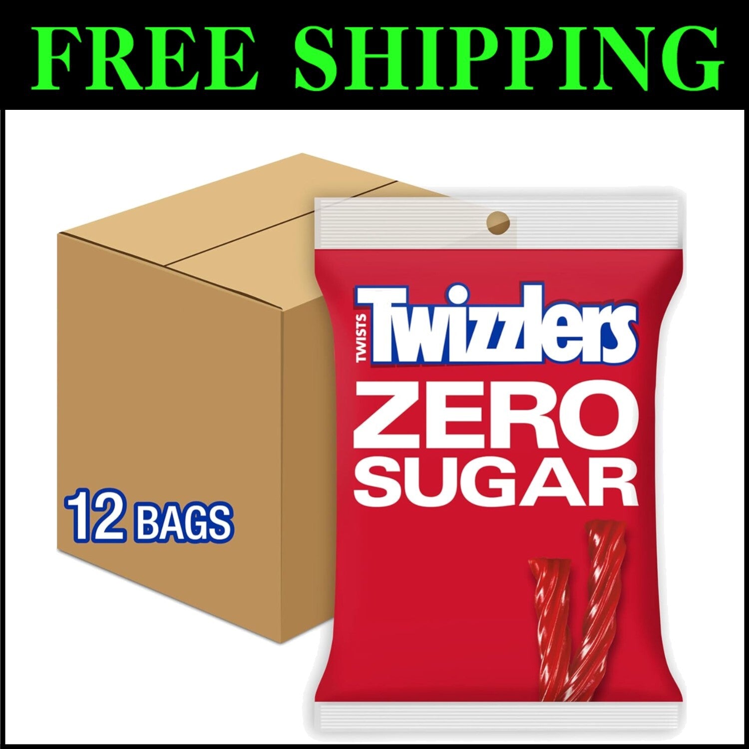 Kosher Zero Sugar Twists - 12 Bags of Strawberry Licorice Style Candy, 5oz Each
