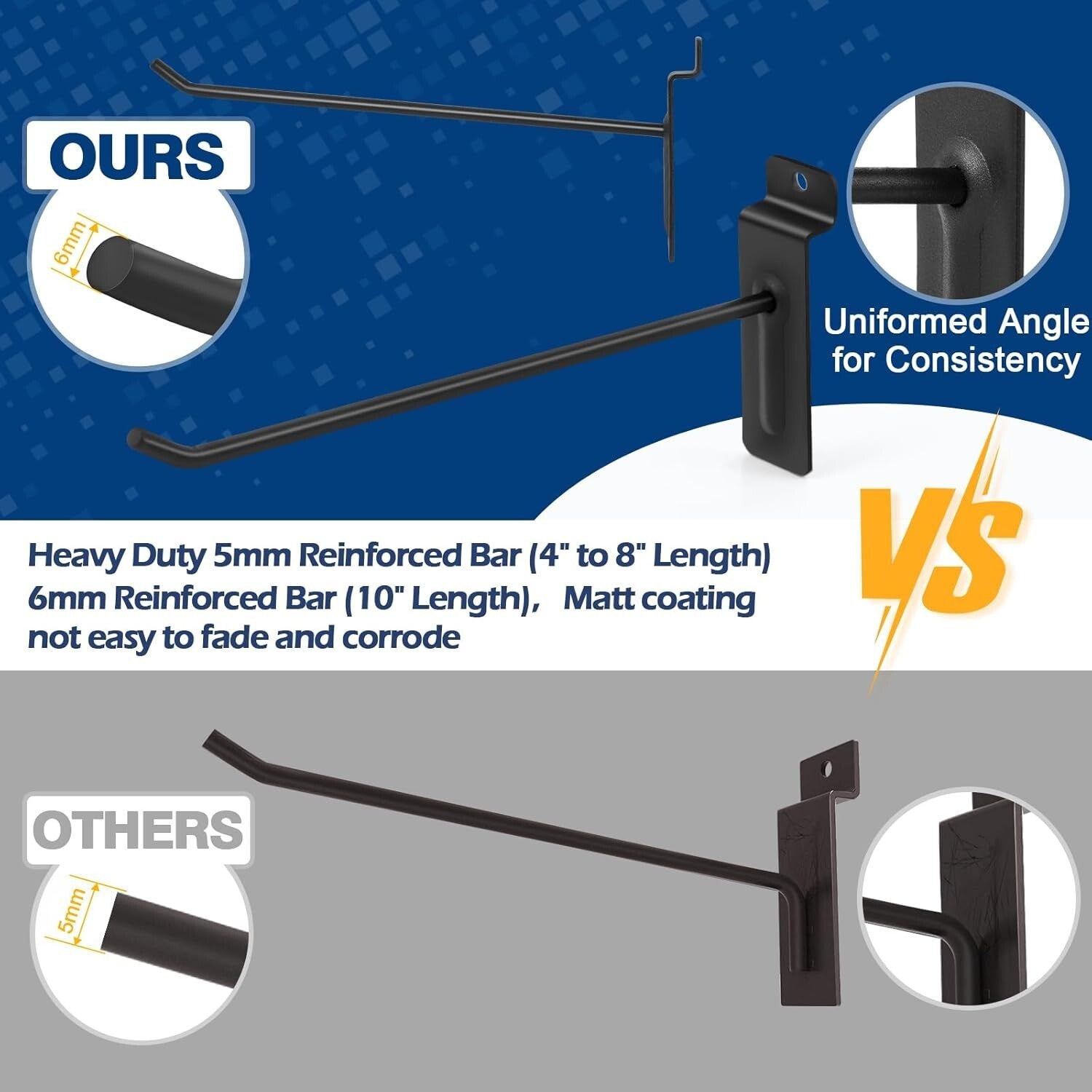 6-Inch Matte Black Slatwall Hooks - 96 Heavy Duty Hooks for Durable Organization