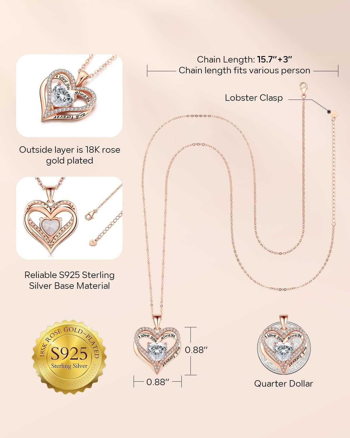 Charming Heart-Shaped Pendant Necklace for Women - S925 Rose Gold Jewelry