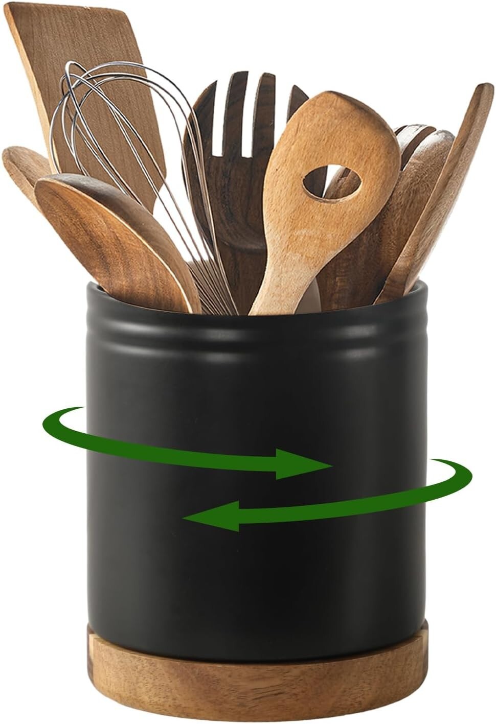 Extra Large Kitchen Utensil Holder - 7.6" Rotating Ceramic Crock in Black