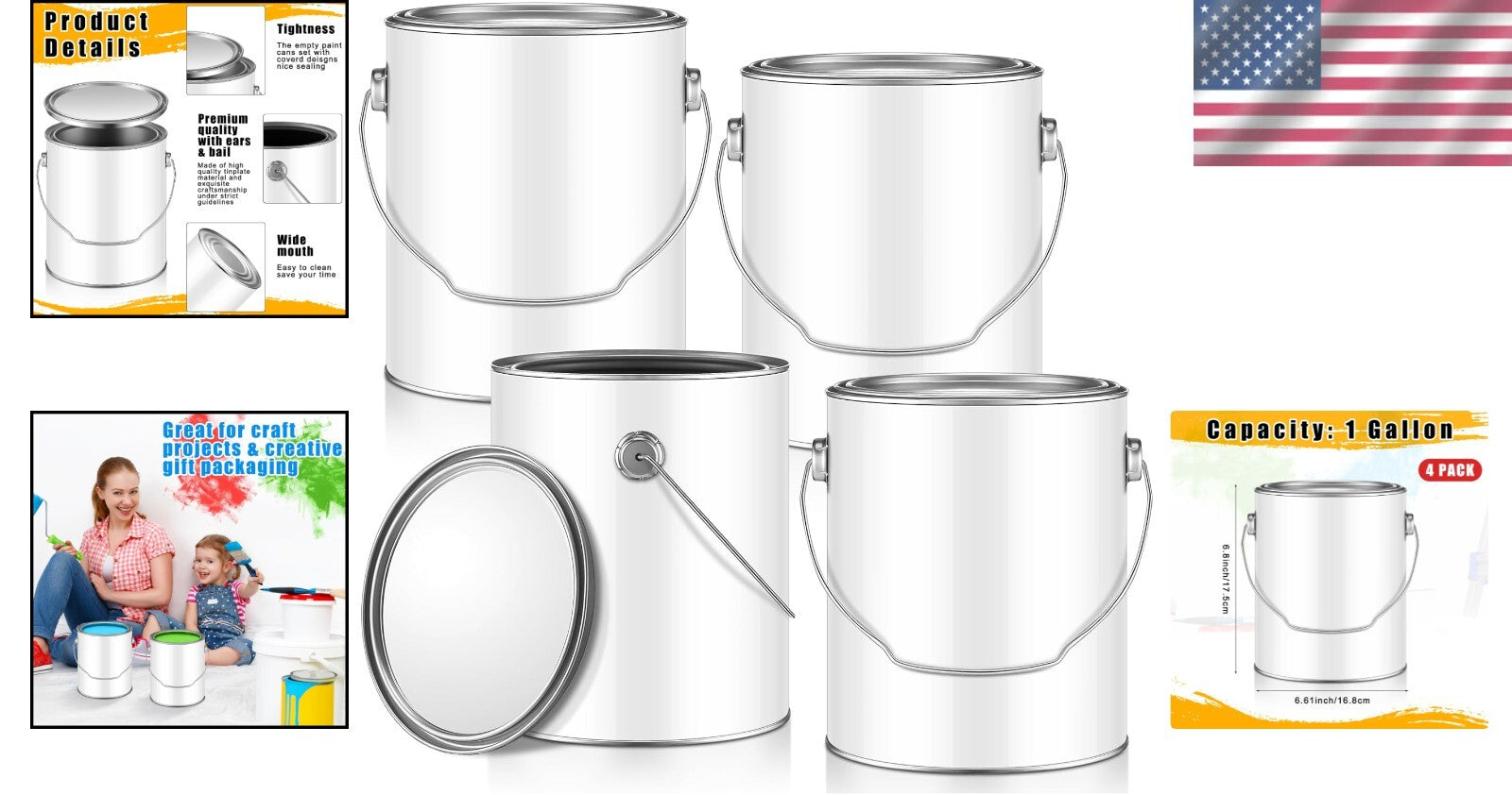 Versatile 4 Pcs 1 Gallon Tin Paint Cans with Lids for DIY Crafts and Supplies